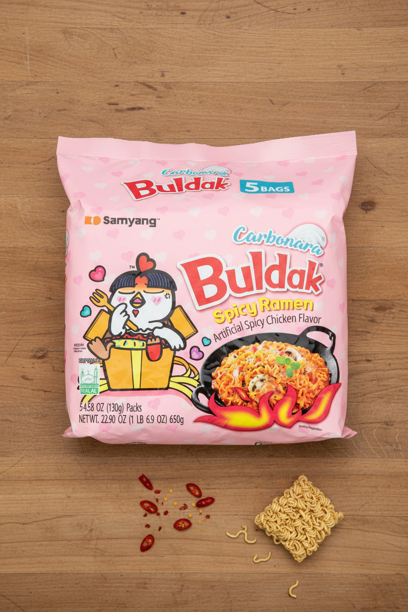 Samyang Buldak Carbonara Spicy Ramen 5-pack 4.58 oz 130g each artificial spicy chicken flavor HALAL certified 550 calories per bag