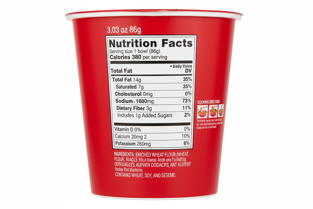 Nongshim Shin Noodles nutrition facts 380 calories 14g fat 1680mg sodium 57g carbs 7g protein per bowl 86g serving