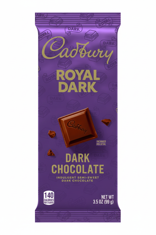 Cadbury Royal Dark Dark Chocolate candy bar 3.5 oz 99g 140 calories per 5 blocks indulgent semi-sweet dark chocolate royal purple wrapper