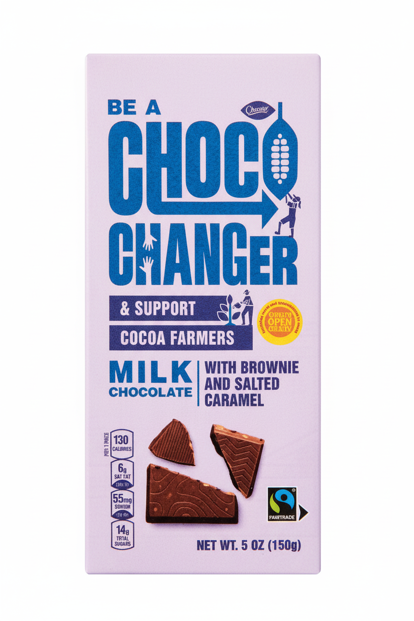 Choceur Be A Choco Changer Milk Chocolate with Brownie and Salted Caramel 5 oz 150g 130 calories per serving Fairtrade certified support cocoa farmers