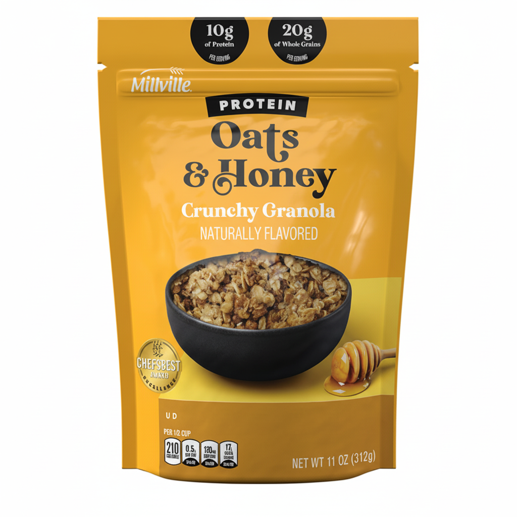 Millville Protein Oats and Honey Crunchy Granola 11oz golden yellow pouch front view with black bowl and honey dipper