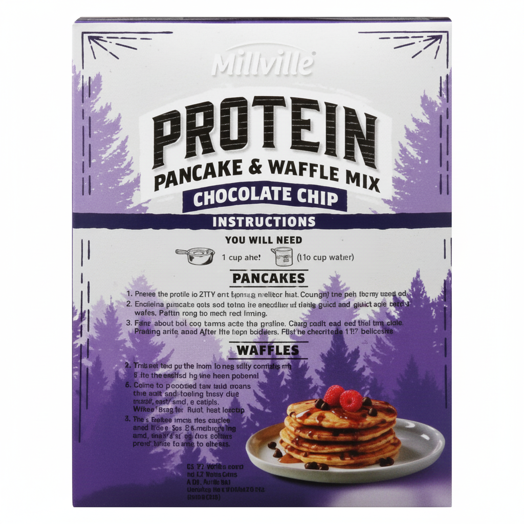 Millville Chocolate Chip Protein Pancake and Waffle Mix 18oz box back panel with pancake and waffle instructions