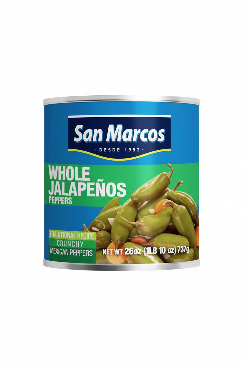 San Marcos Whole Jalapeños Peppers 26 oz Large Steel Can Royal Blue Label Lime Green Text Traditional Recipe Crunchy Mexican Peppers