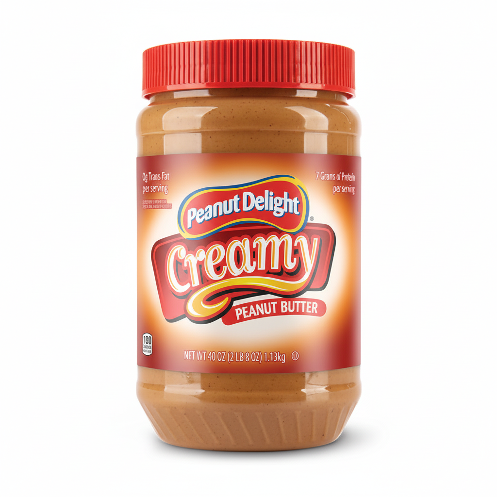 Peanut Delight Creamy Peanut Butter 40oz jar front view with red lid