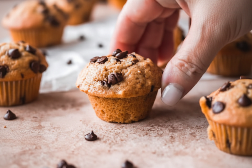 Hand holding a Baker's Treat Chocolate Chip Mini Muffin