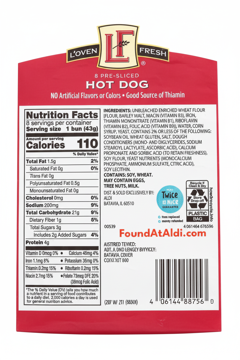 L'oven Fresh Hot Dog Buns back label with nutrition facts 110 calories per bun, full ingredients list, ALDI Twice as Nice guarantee and FoundAtAldi.com