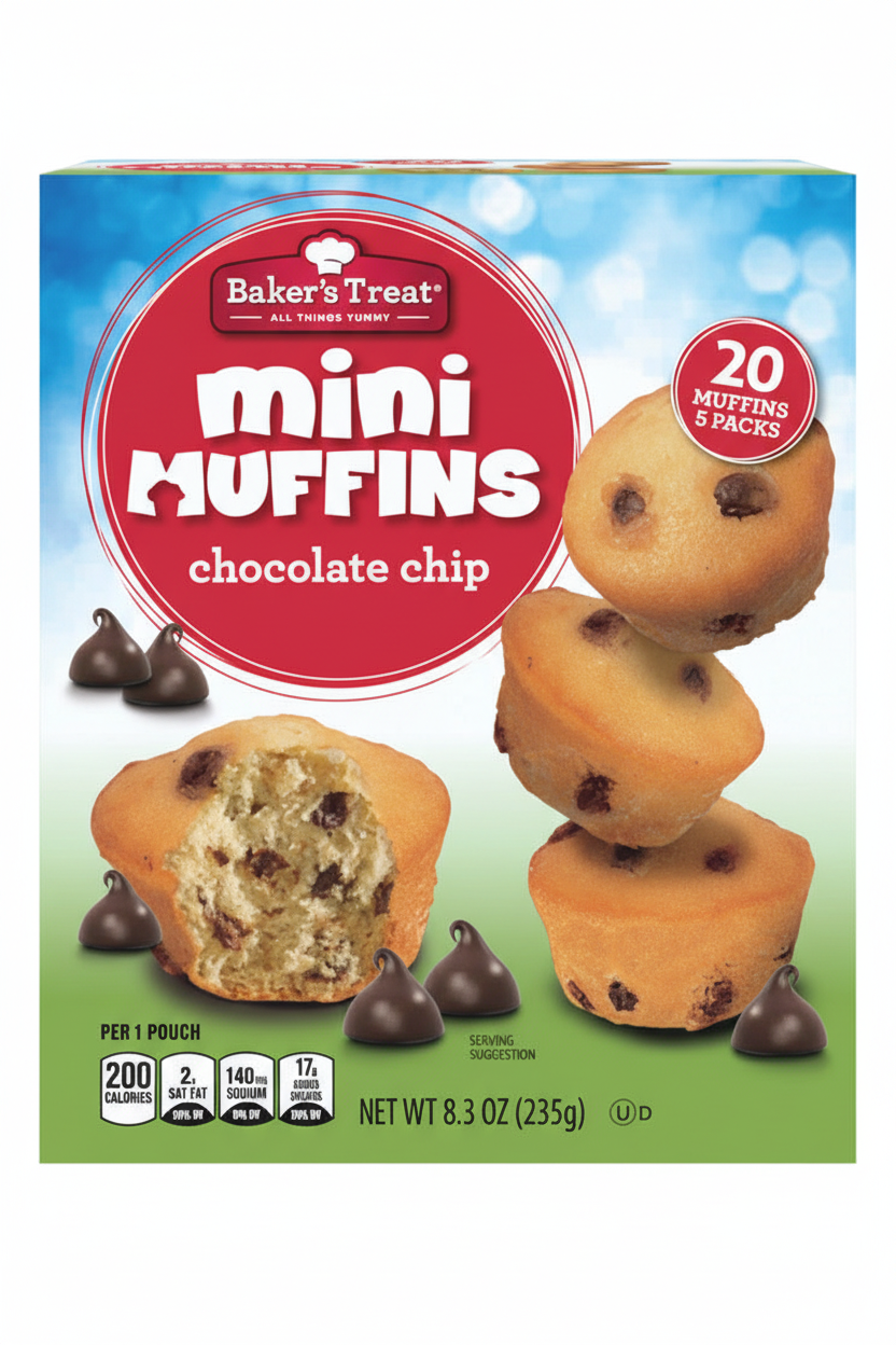 Baker's Treat Chocolate Chip Mini Muffins box front packaging