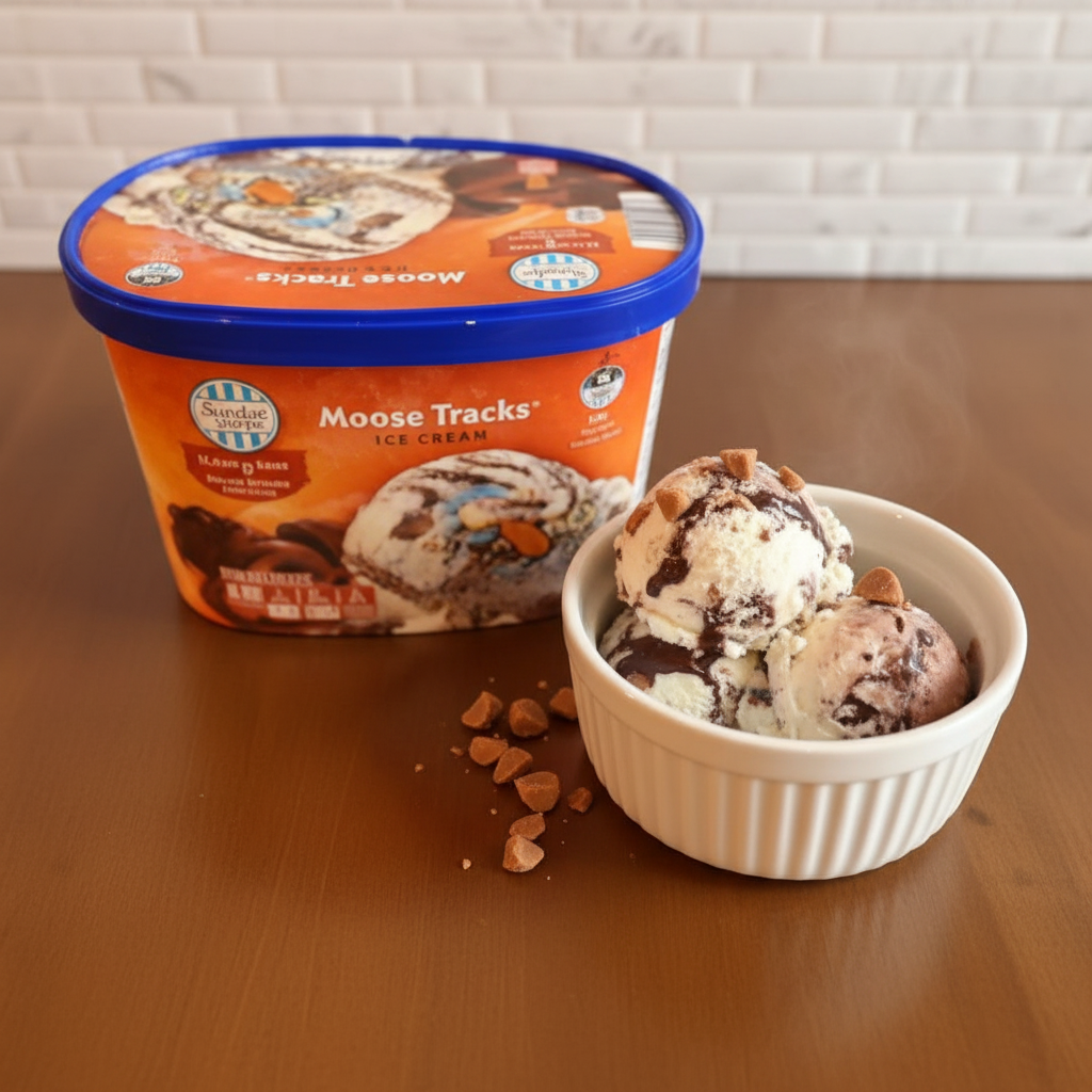 Sundae Shoppe Moose Tracks Ice Cream tub with bowl of scooped ice cream on wooden table