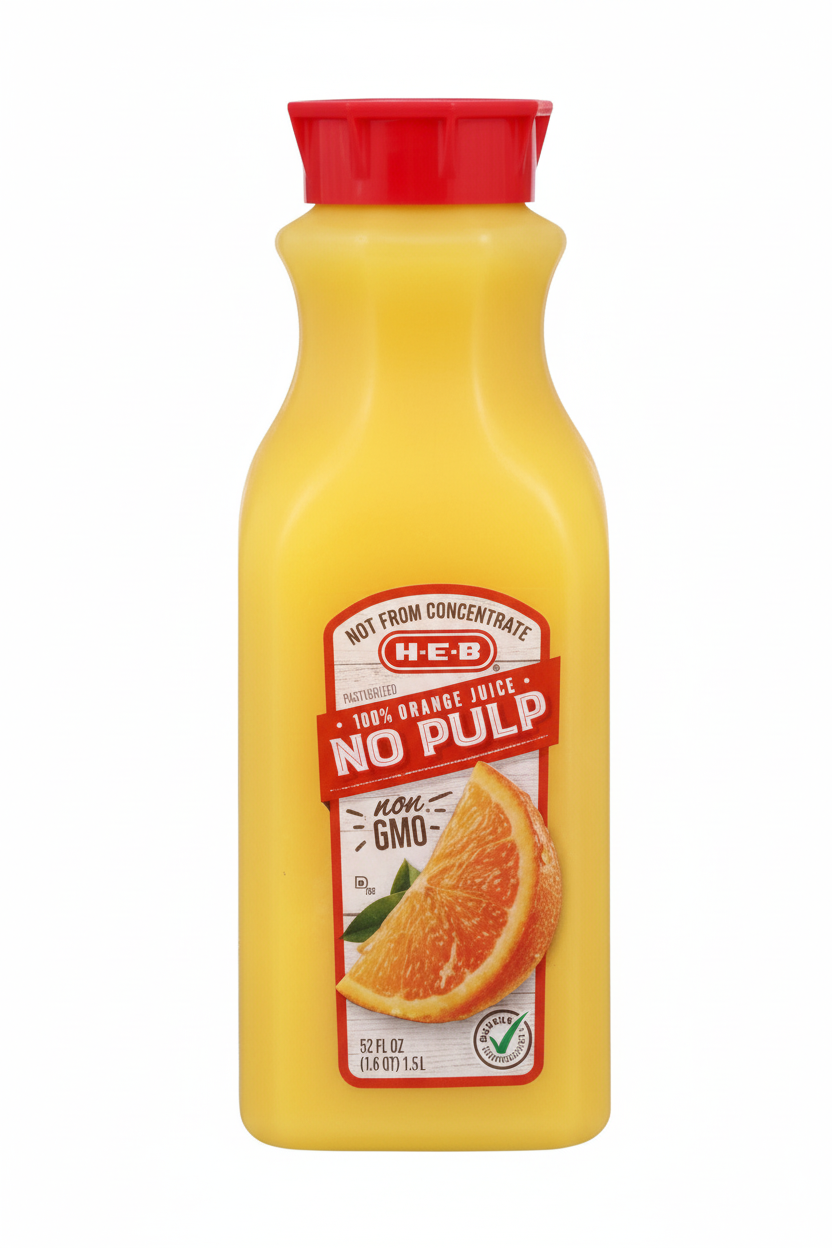 H-E-B 100% Orange Juice No Pulp 52 fl oz not from concentrate pasteurized non-GMO