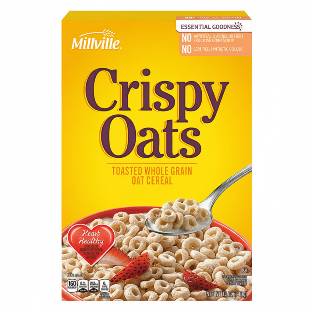 Millville Crispy Oats 12oz cereal box front view with vibrant yellow packaging