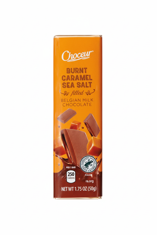 Choceur Burnt Caramel Sea Salt filled Belgian Milk Chocolate bar 1.75 oz 50g 250 calories per bar Rainforest Alliance Certified caramel filling
