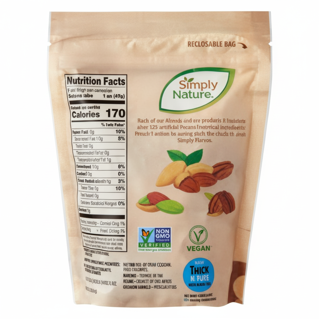 Simply Nature Raw Almonds Pecans and Pistachio Kernels - Nutrition Facts Back