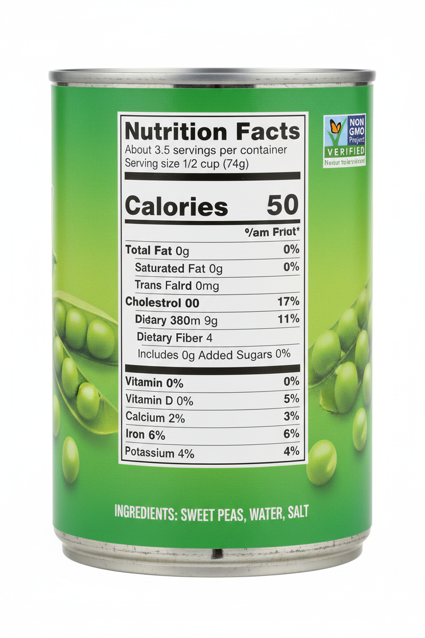 Happy Harvest Medium Sweet Peas Nutrition Facts 50 Calories Per Half Cup 3g Protein 3g Dietary Fiber 380mg Sodium Non-GMO Project Verified