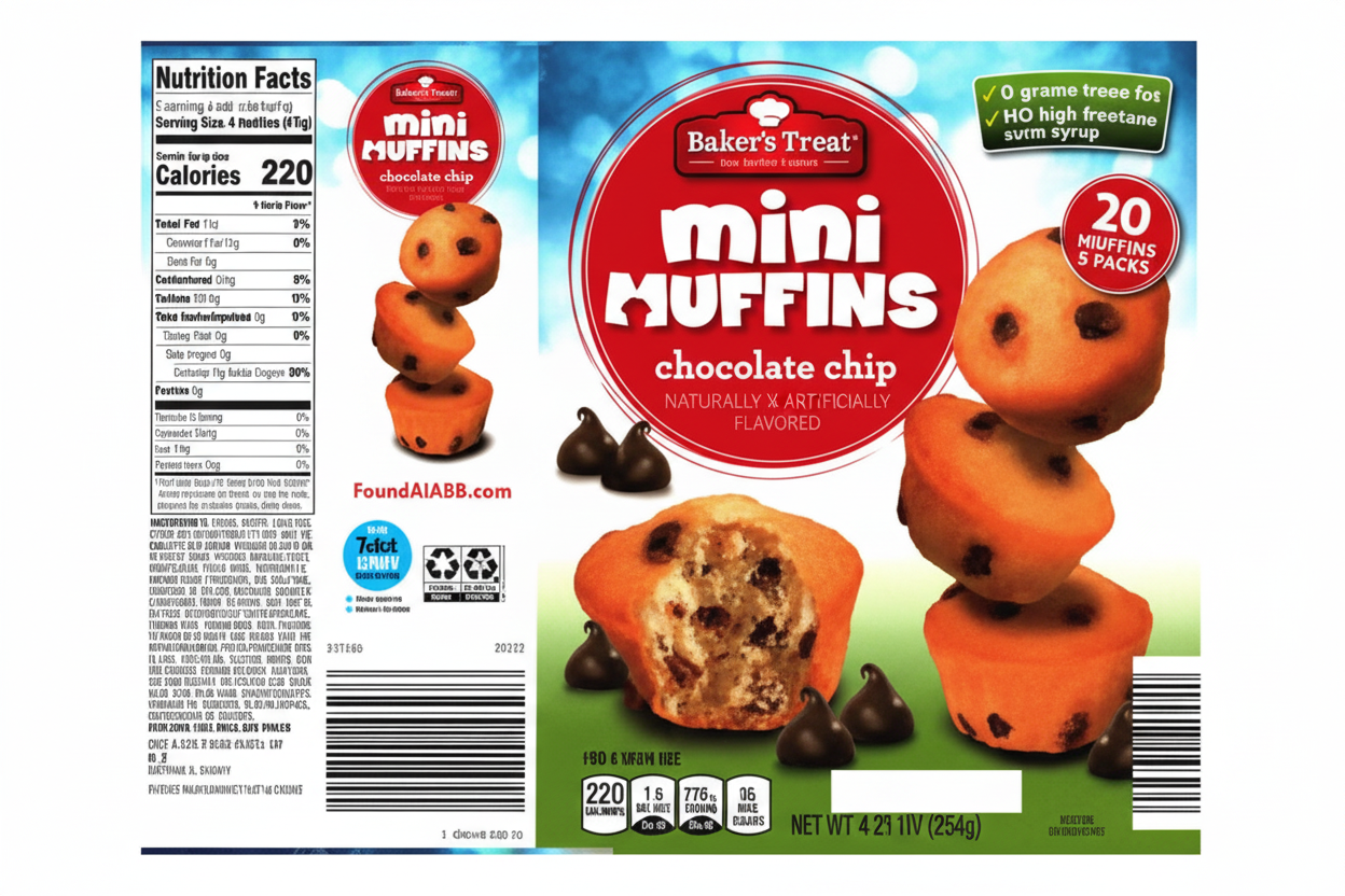 Baker's Treat Chocolate Chip Mini Muffins nutrition facts label