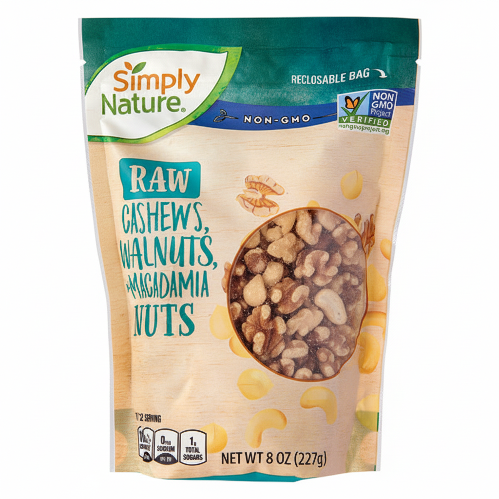 Simply Nature Raw Cashews Walnuts and Macadamia Nuts 8oz - Front Bag