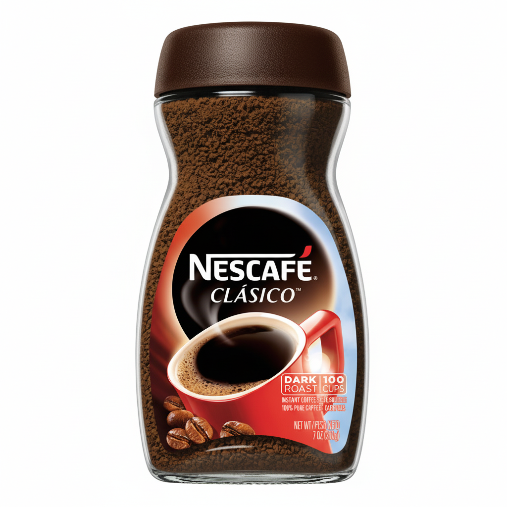 Nescafé Clásico Dark Roast Instant Coffee glass jar with brown lid and red label