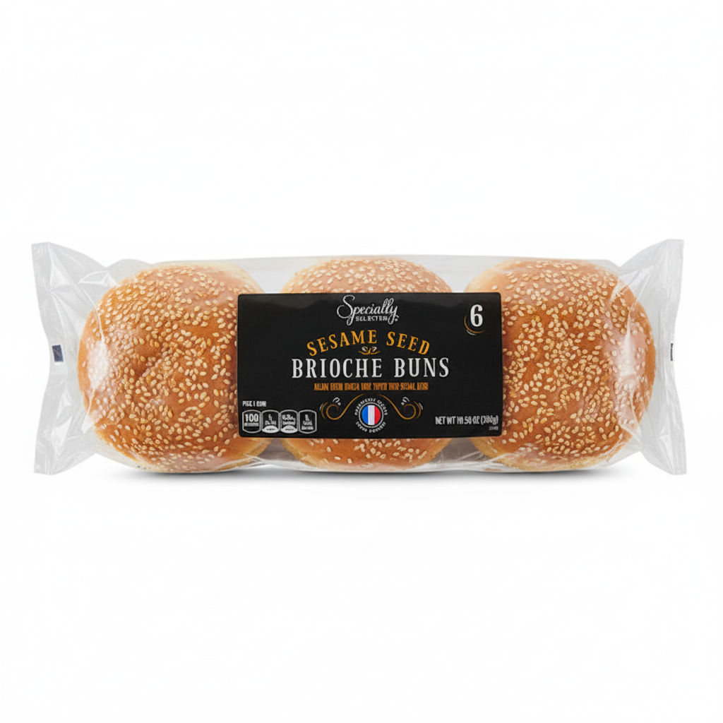 Specially Selected Sesame Seed Brioche Buns 6 count 10.58oz clear bag with dark black label, gold Sesame Seed text, Imported from France badge and golden-brown sesame-topped buns