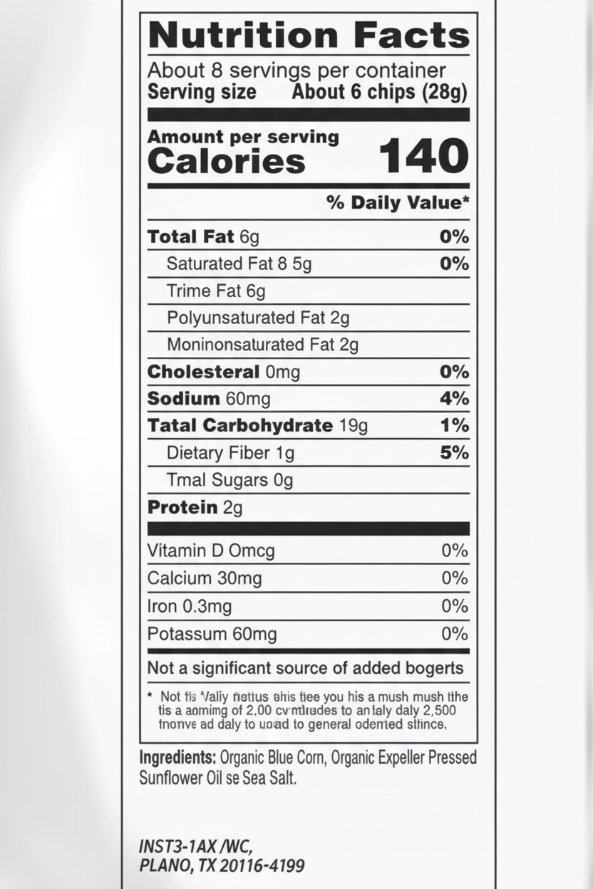 Simply Nature Organic Blue Corn Tortilla Chips nutrition facts and ingredients panel