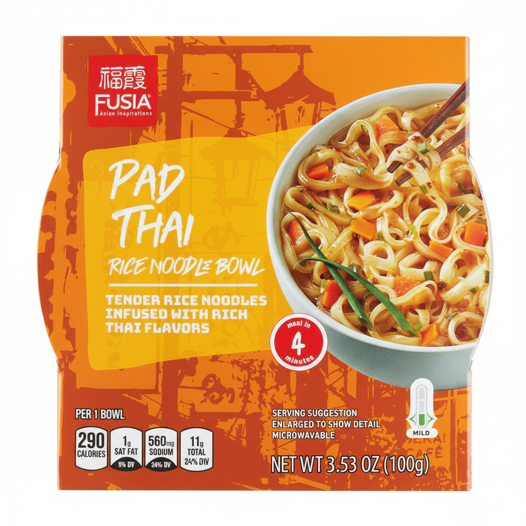 Fusia Asian Inspirations Pad Thai Rice Noodle Bowl 3.53 oz 290 calories mild spice microwavable meal in 4 minutes tender rice noodles rich Thai flavors