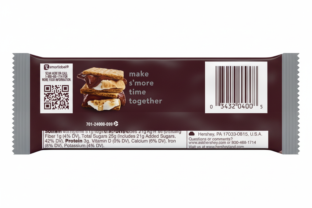 Hershey's Milk Chocolate bar back wrapper make s'more time together smartlabel QR code Hershey PA USA 800-468-1714