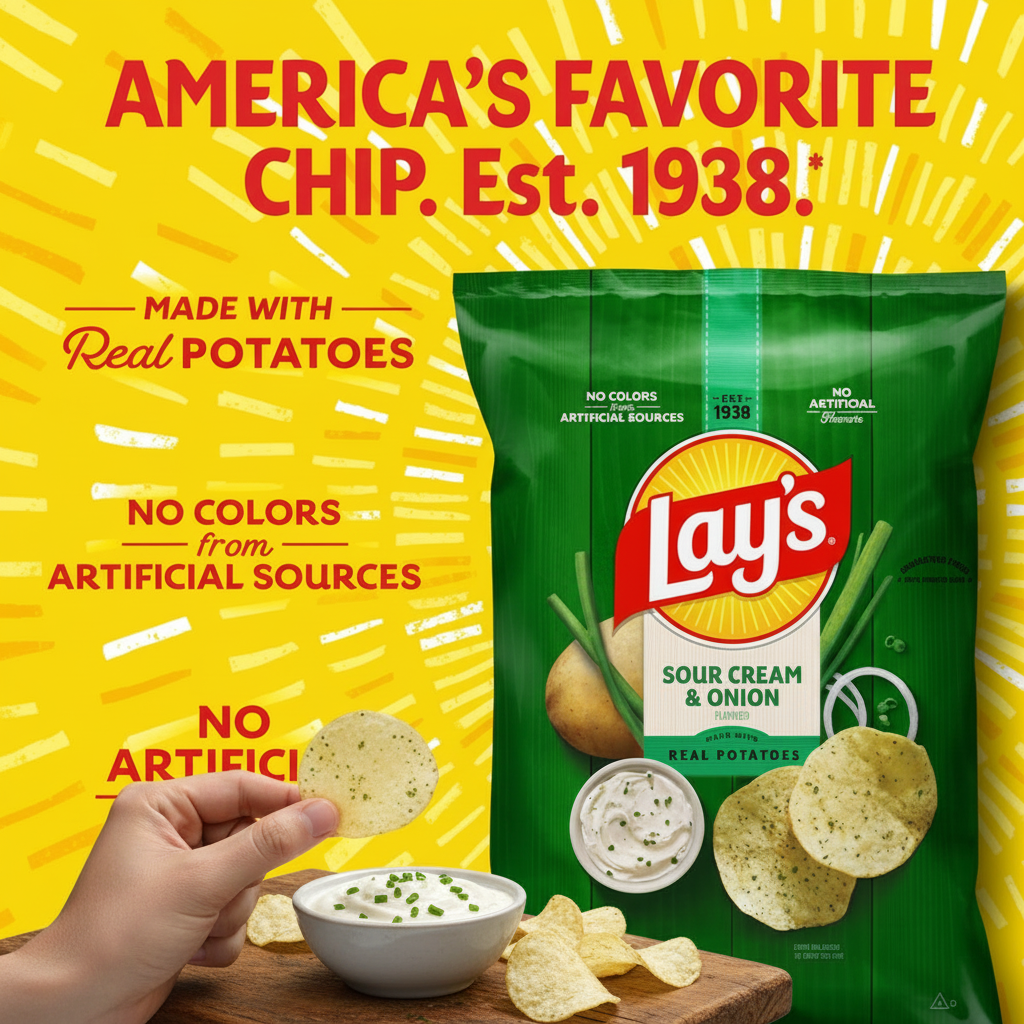 Lay's Sour Cream and Onion America's Favorite Chip Est 1938 advertising lifestyle image on yellow sunburst background