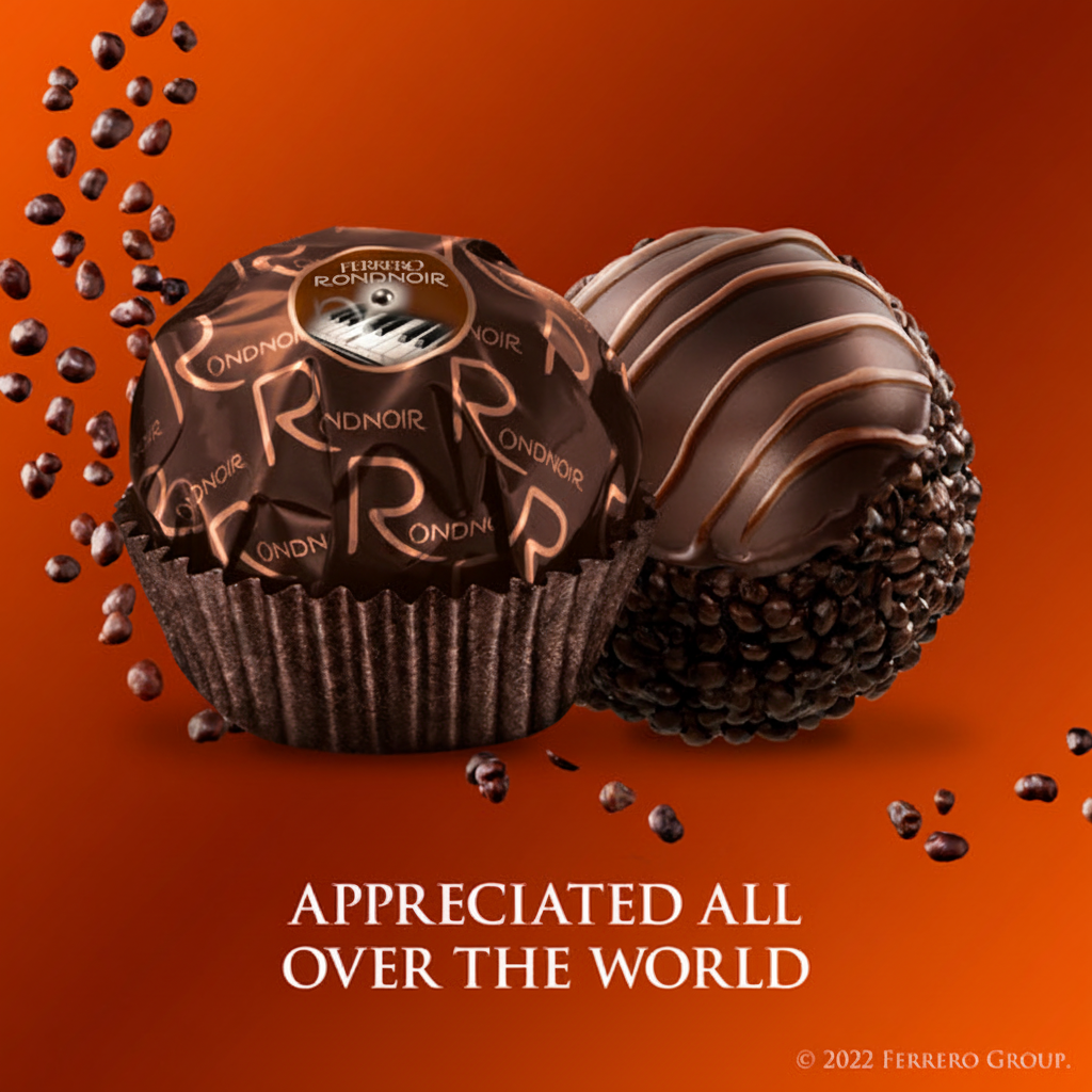 Ferrero Rondnoir dark chocolate appreciated all over the world wrapped and unwrapped chocolate with cocoa nibs burnt orange background