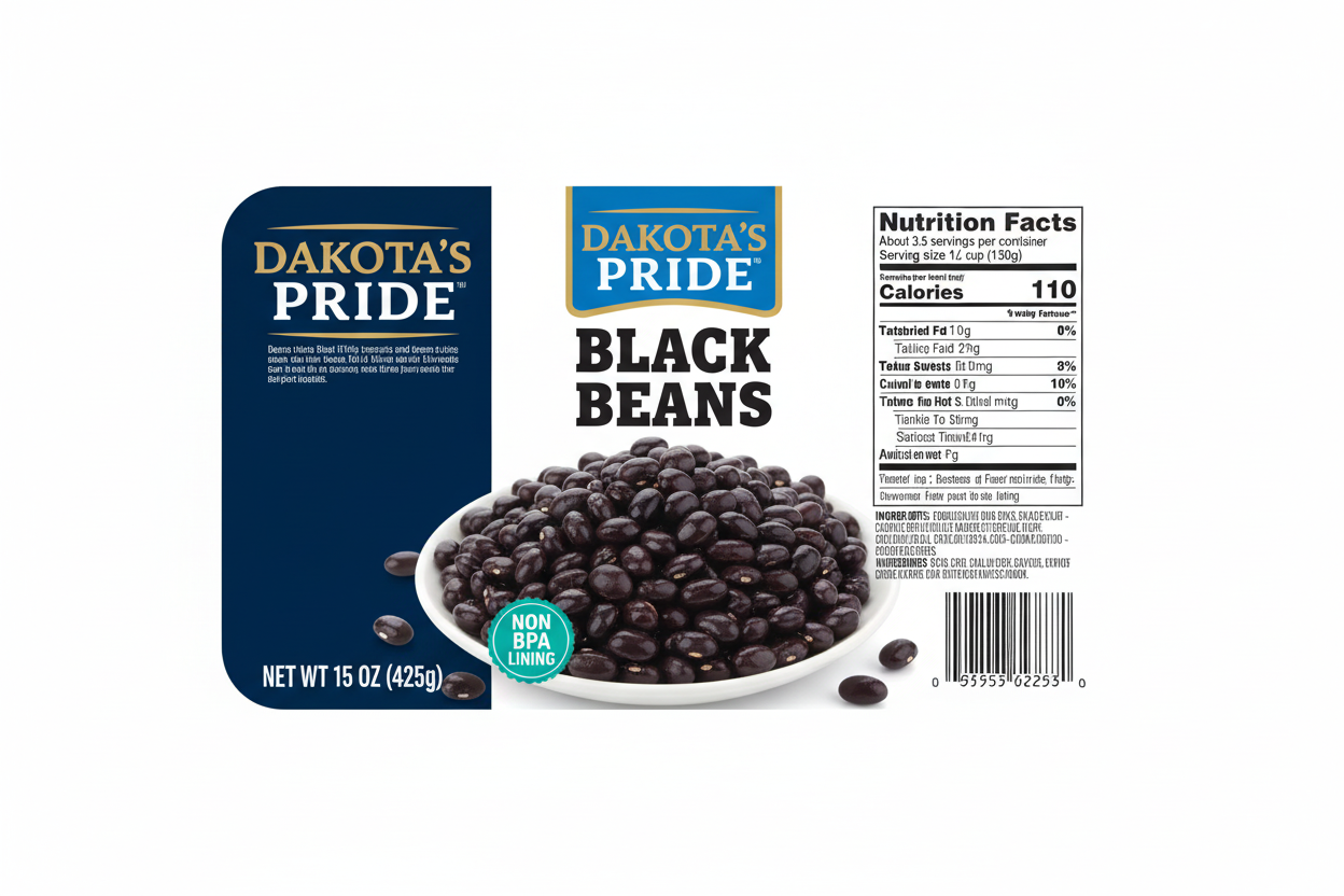 Dakota's Pride Black Beans 15 oz Full Label Spread Nutrition Facts 110 Calories Non BPA Lining Royal Blue Banner