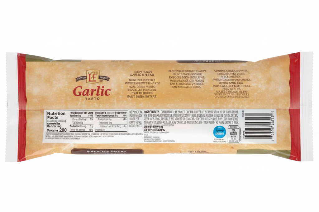 L'oven Fresh Garlic Bread 10oz back panel with nutrition facts 200 calories, ingredients with sweet cream buttermilk garlic parsley and baking directions