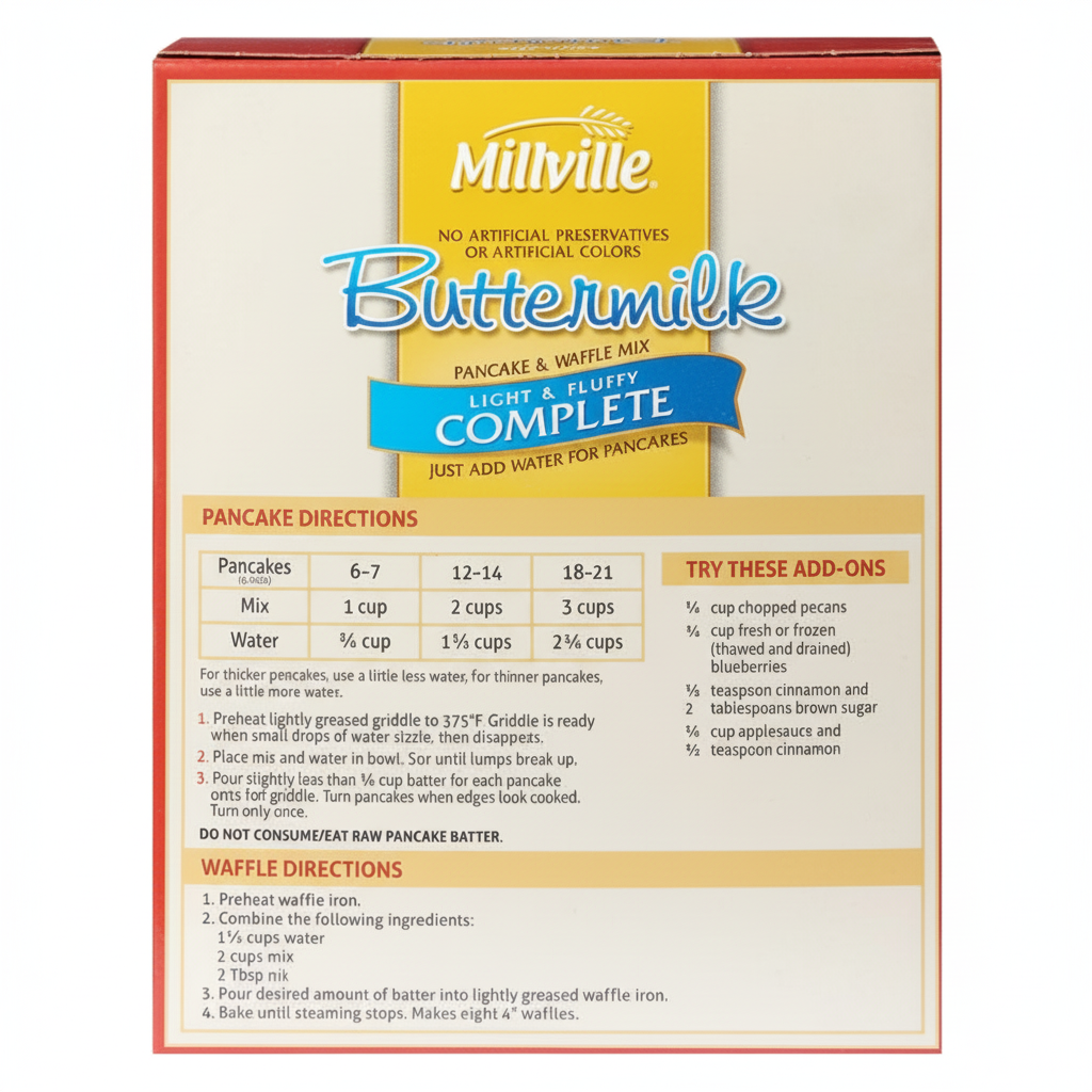 Millville Buttermilk Complete Pancake and Waffle Mix 32oz box back panel with pancake and waffle directions and add-ons