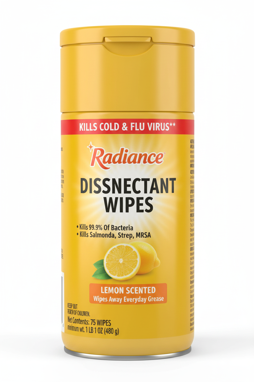 Radiance Lemon Scented Disinfectant Wipes 75 Count Kills 99.9% Bacteria Cold Flu Virus Salmonella MRSA