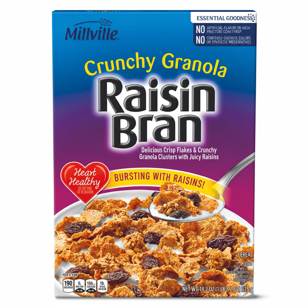 Millville Crunchy Granola Raisin Bran Crunch 18.2oz cereal box front view