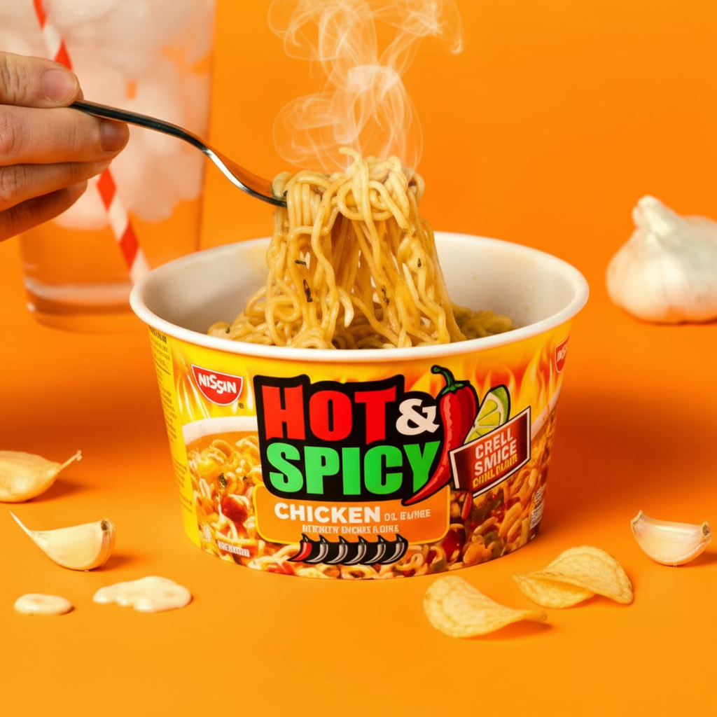 Nissin Hot & Spicy Chicken Ramen noodles lifted with fork from bowl garlic chips orange background lifestyle food photography