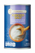 Stonemill Iodized Salt 26 oz Large Cylindrical Canister Blue Metallic Lavender Banner Terracotta Bowl Wooden Spoon 0 Calories 590mg Sodium
