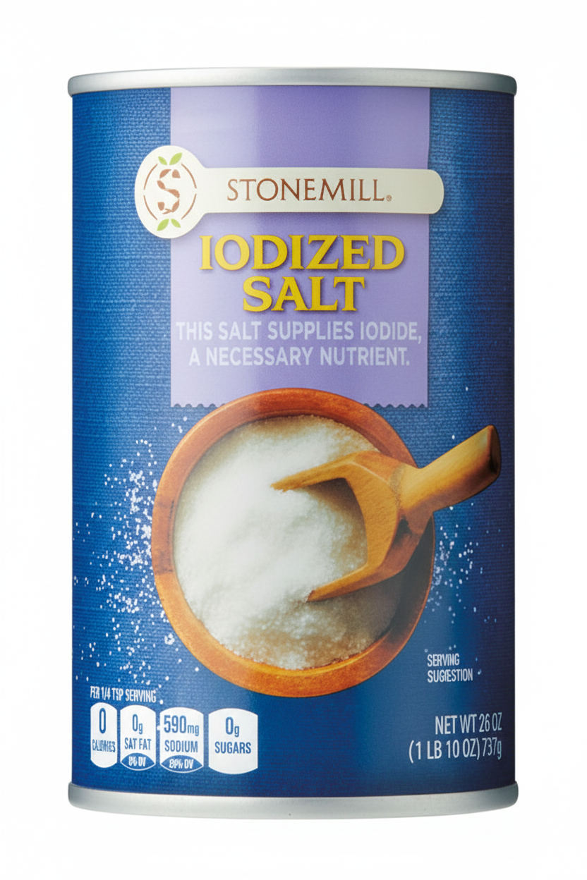 Stonemill Iodized Salt 26 oz Large Cylindrical Canister Blue Metallic Lavender Banner Terracotta Bowl Wooden Spoon 0 Calories 590mg Sodium