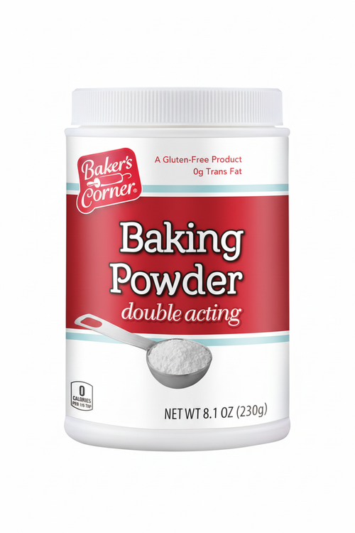 Baker's Corner Baking Powder Double Acting 8.1 oz White Canister Front Gluten Free 0g Trans Fat