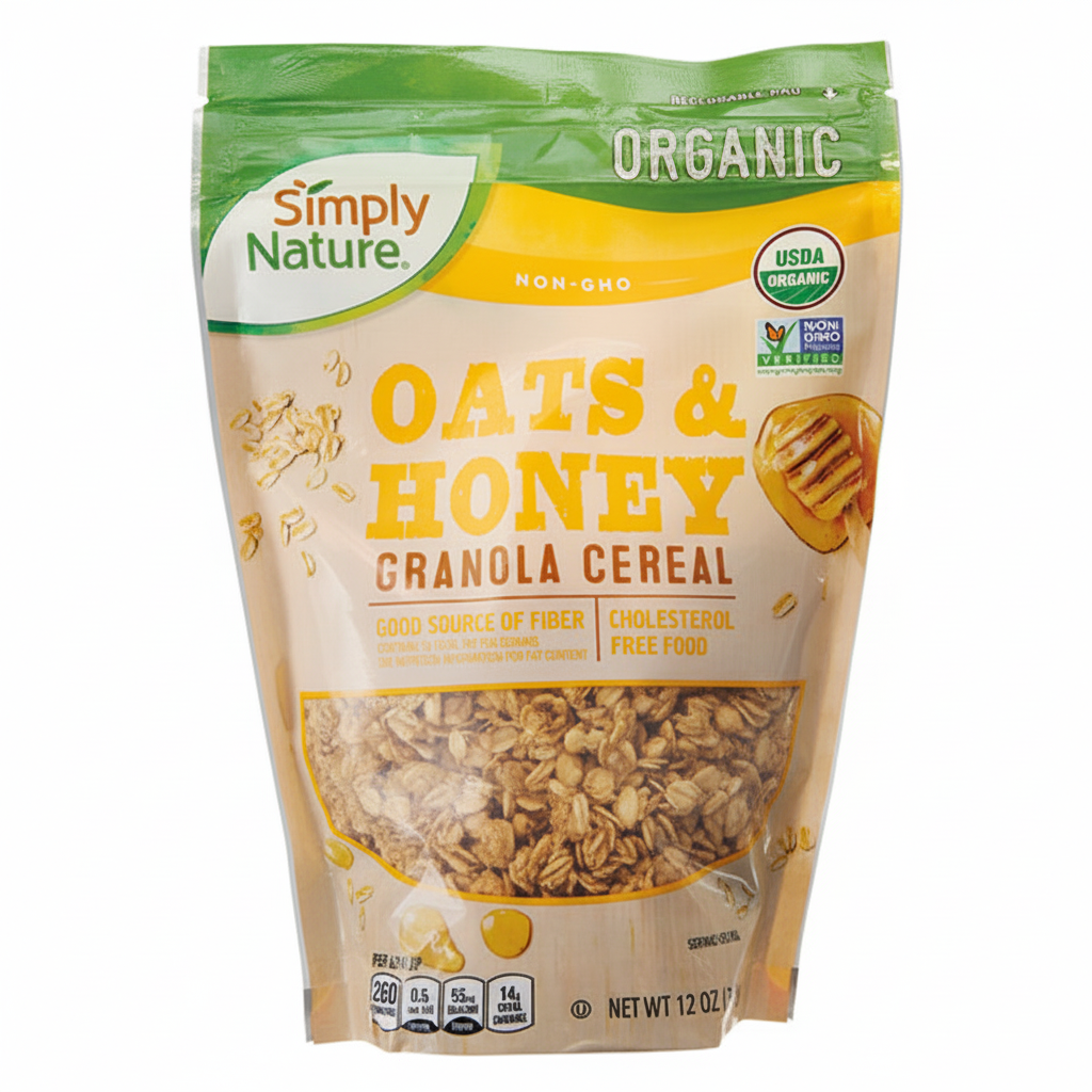 Simply Nature Organic Oats and Honey Granola Cereal 12oz kraft paper pouch front view with USDA Organic and Non-GMO badges