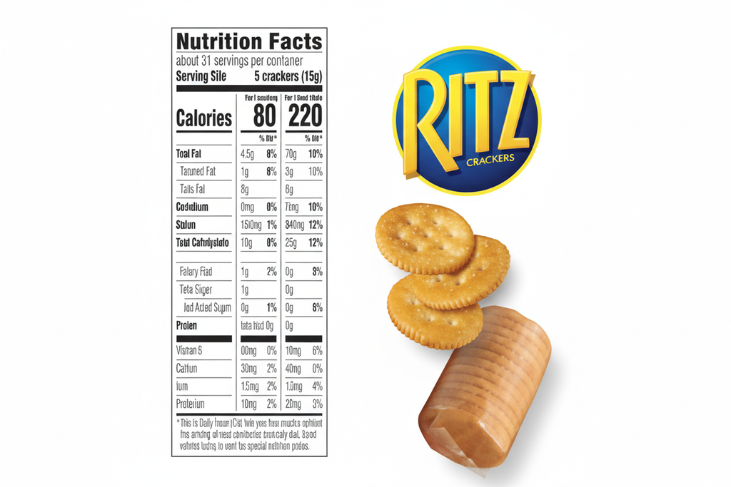 Nabisco Ritz Fresh Stacks nutrition facts panel with golden crackers and fresh stack sleeve