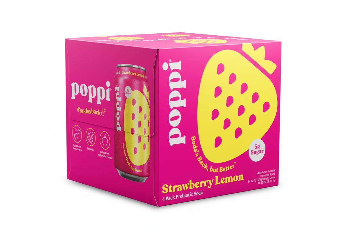 Poppi Strawberry Lemon prebiotic soda 4-pack box 4 x 12 fl oz 5g sugar
