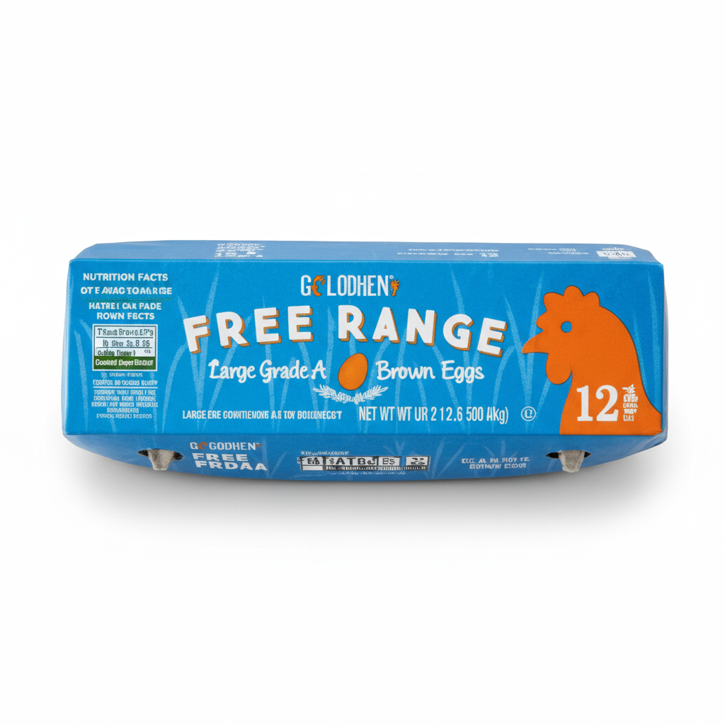 Goldhen Free Range Large Grade A Brown Eggs 12 count cylindrical carton side view with bright blue background and orange rooster graphic