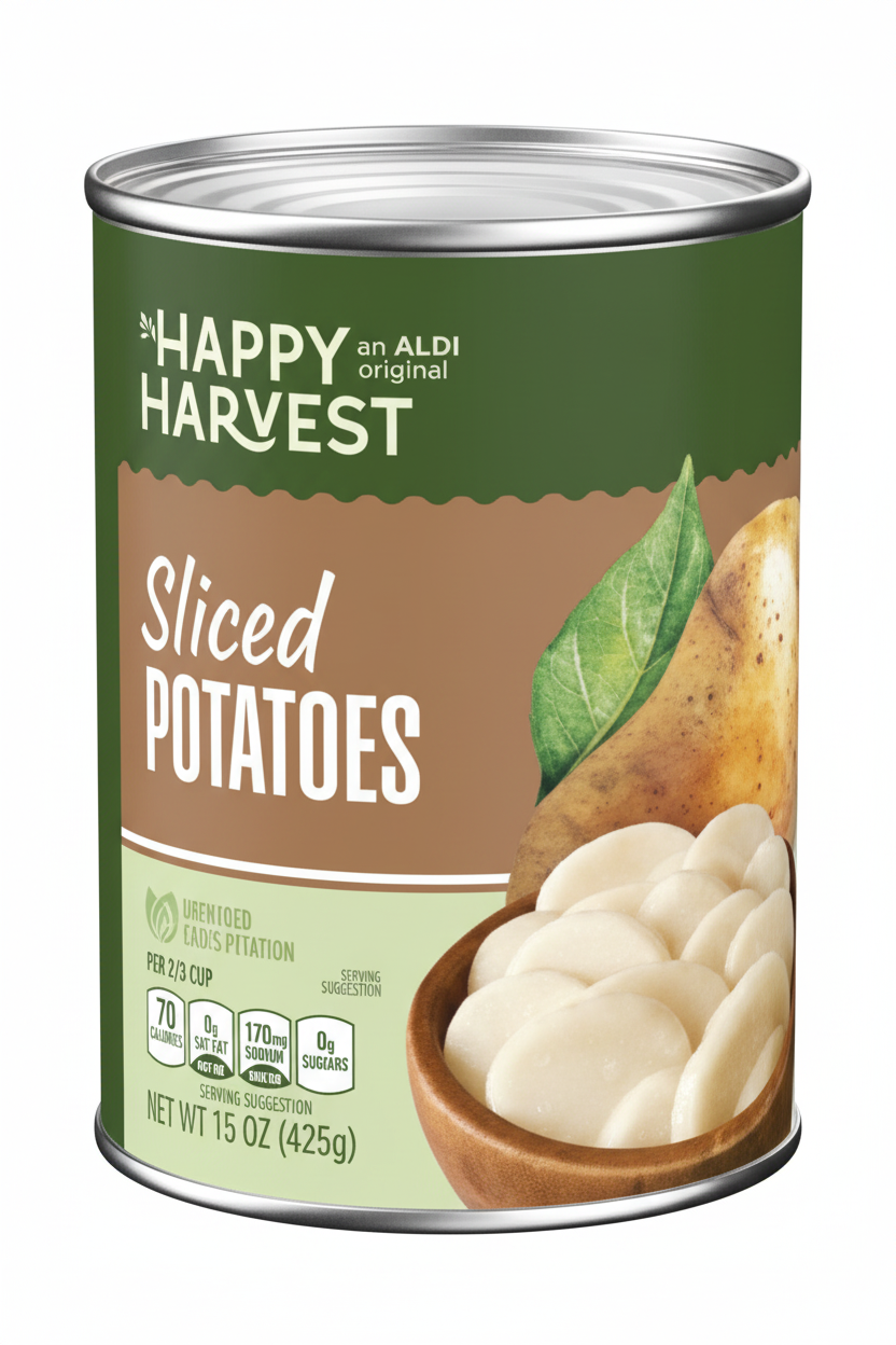 Happy Harvest Sliced Potatoes 15 oz Steel Can Dark Forest Green Label Wooden Bowl Serving Suggestion ALDI Original 70 Calories Per Serving