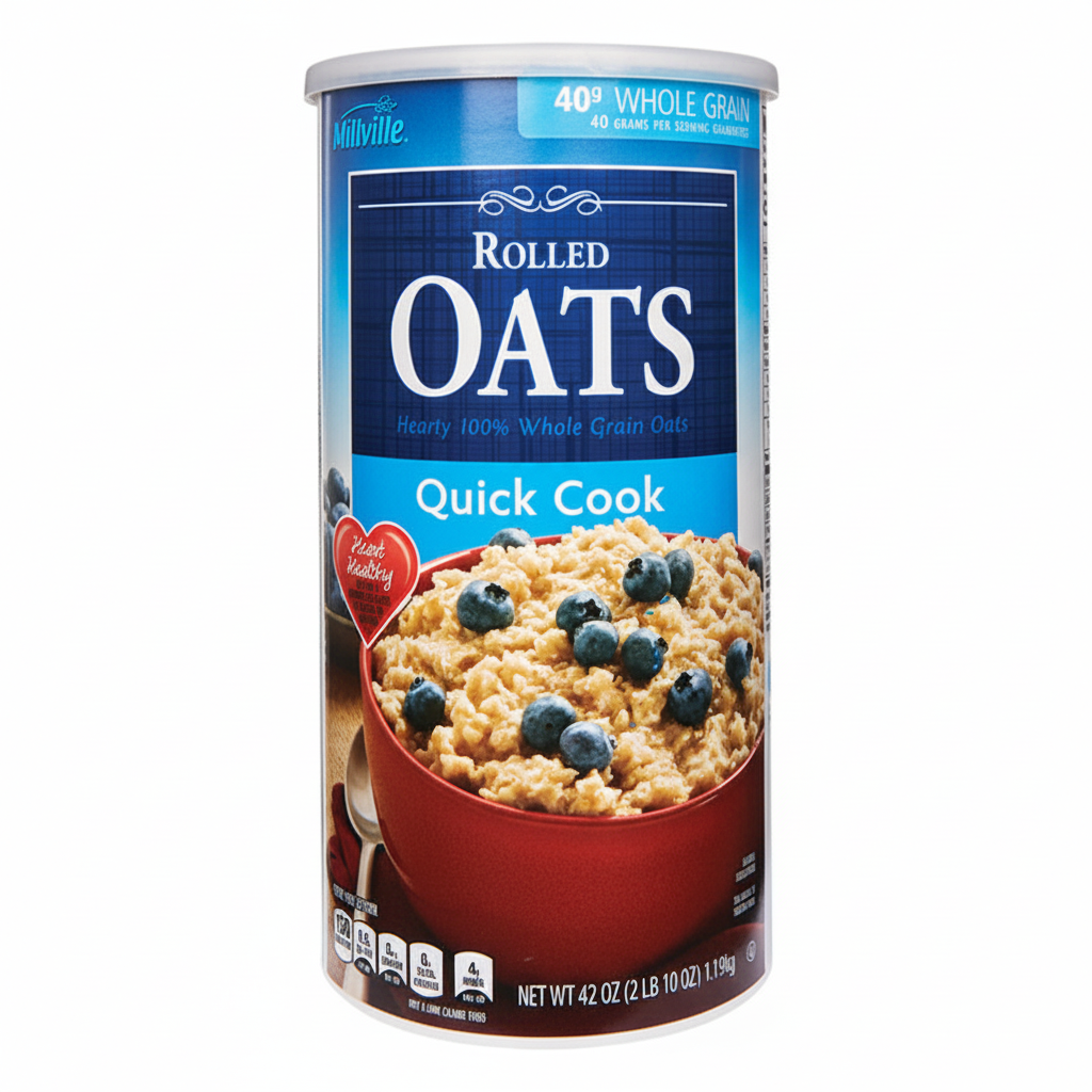 Millville Rolled Oats Quick Cook 42oz canister front view with blue label and red bowl of oats with blueberries