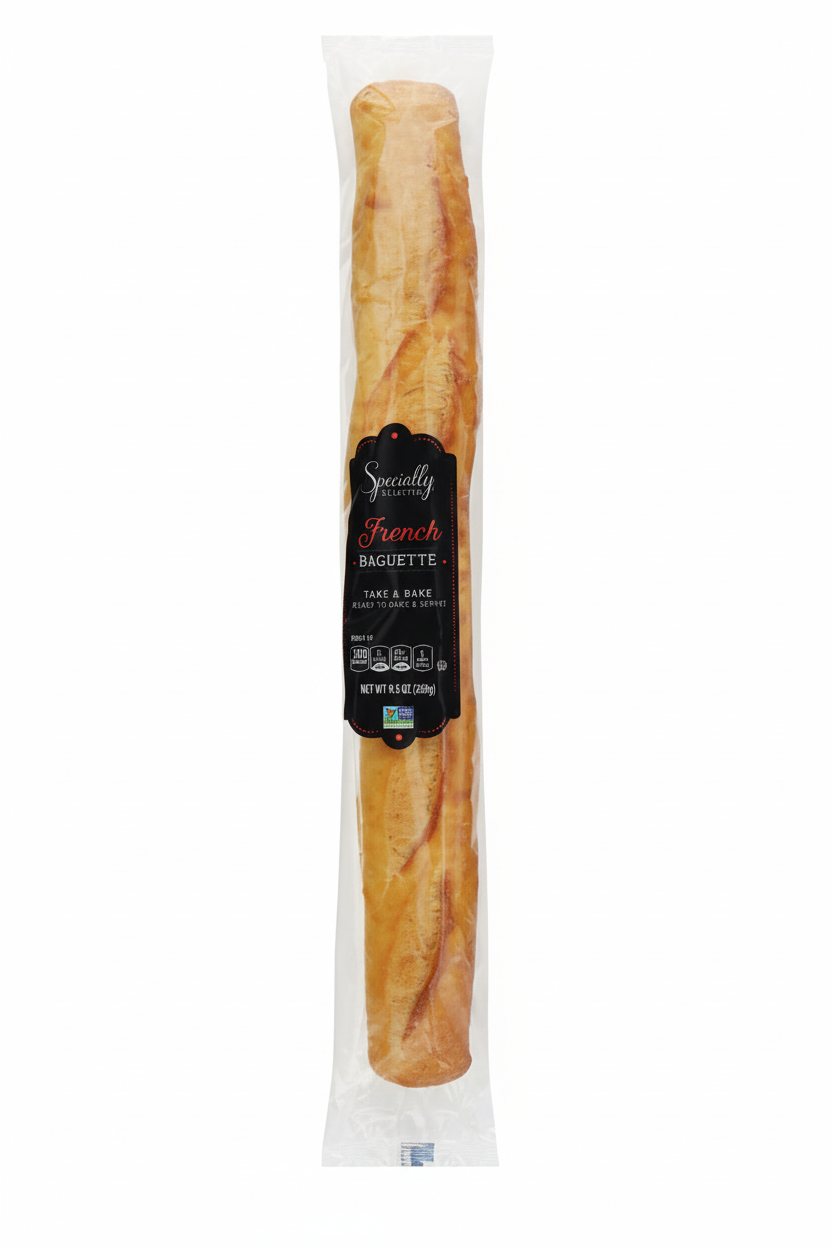 Specially Selected French Baguette Take & Bake 9.5oz in clear tall bag with dark oval badge, red French script and Non-GMO verified badge