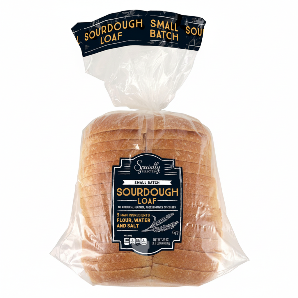Specially Selected Small Batch Sourdough Loaf 24oz in clear bag with dark navy label, gold Sourdough Loaf text and 3 main ingredients claim