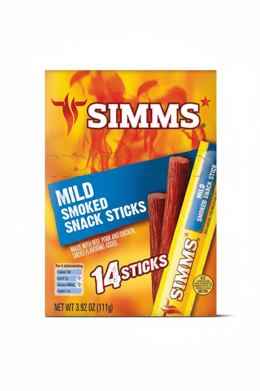 Simms Mild Smoked Snack Sticks 14-count box front