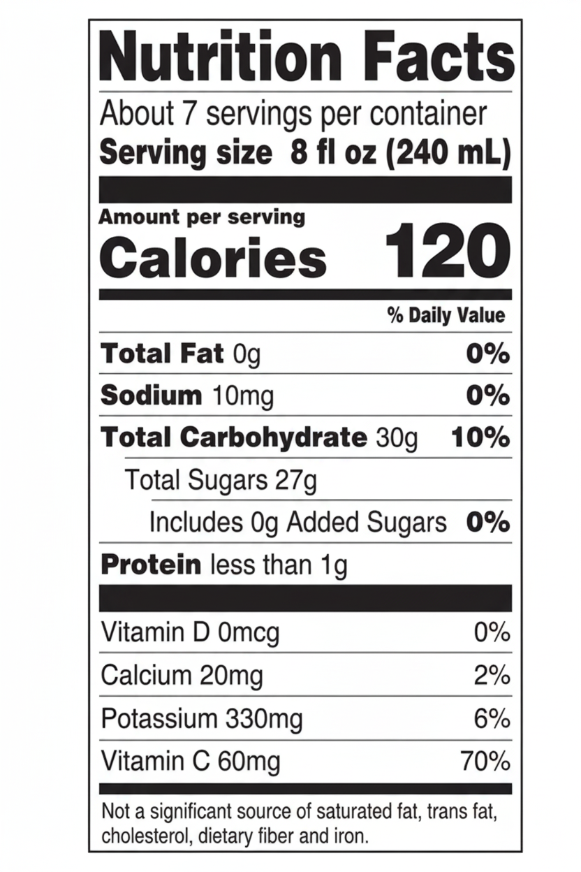 Dole Pineapple Orange juice nutrition facts 120 calories 27g sugars 0g added sugars Vitamin C 70% DV 7 servings per container