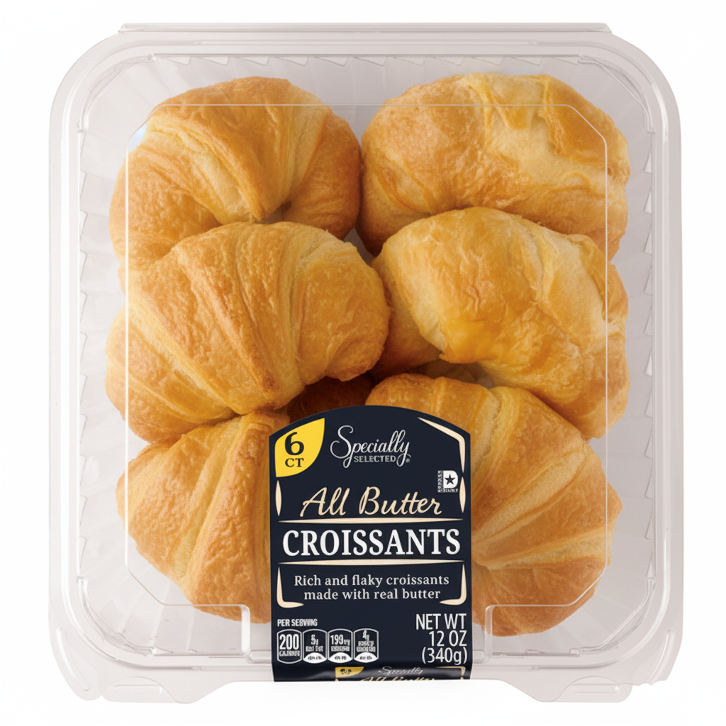 Specially Selected All Butter Croissants 6 count 12oz clear clamshell tray with dark navy label, gold All Butter script, 200 calories per serving and Non-GMO badge