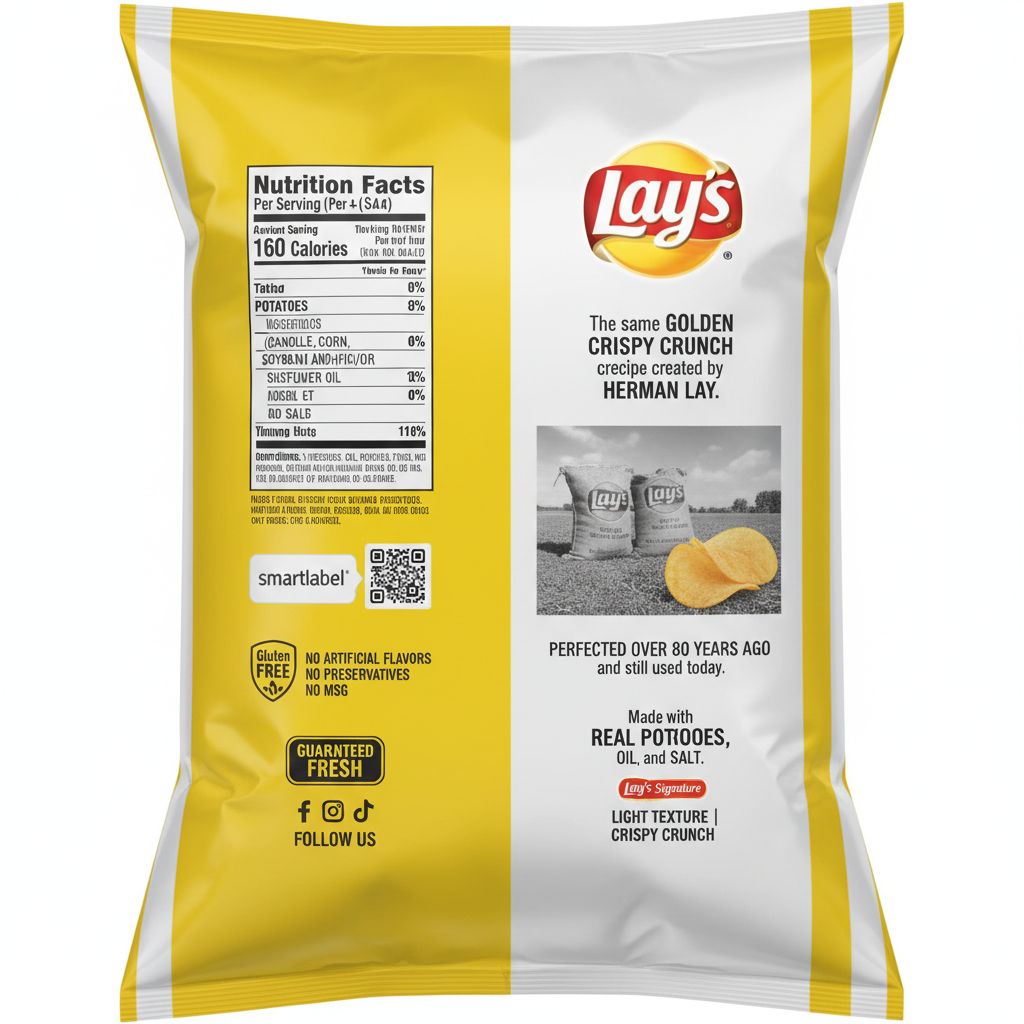 Lay's Classic Potato Chips bag back with nutrition facts and Herman Lay golden crispy crunch story
