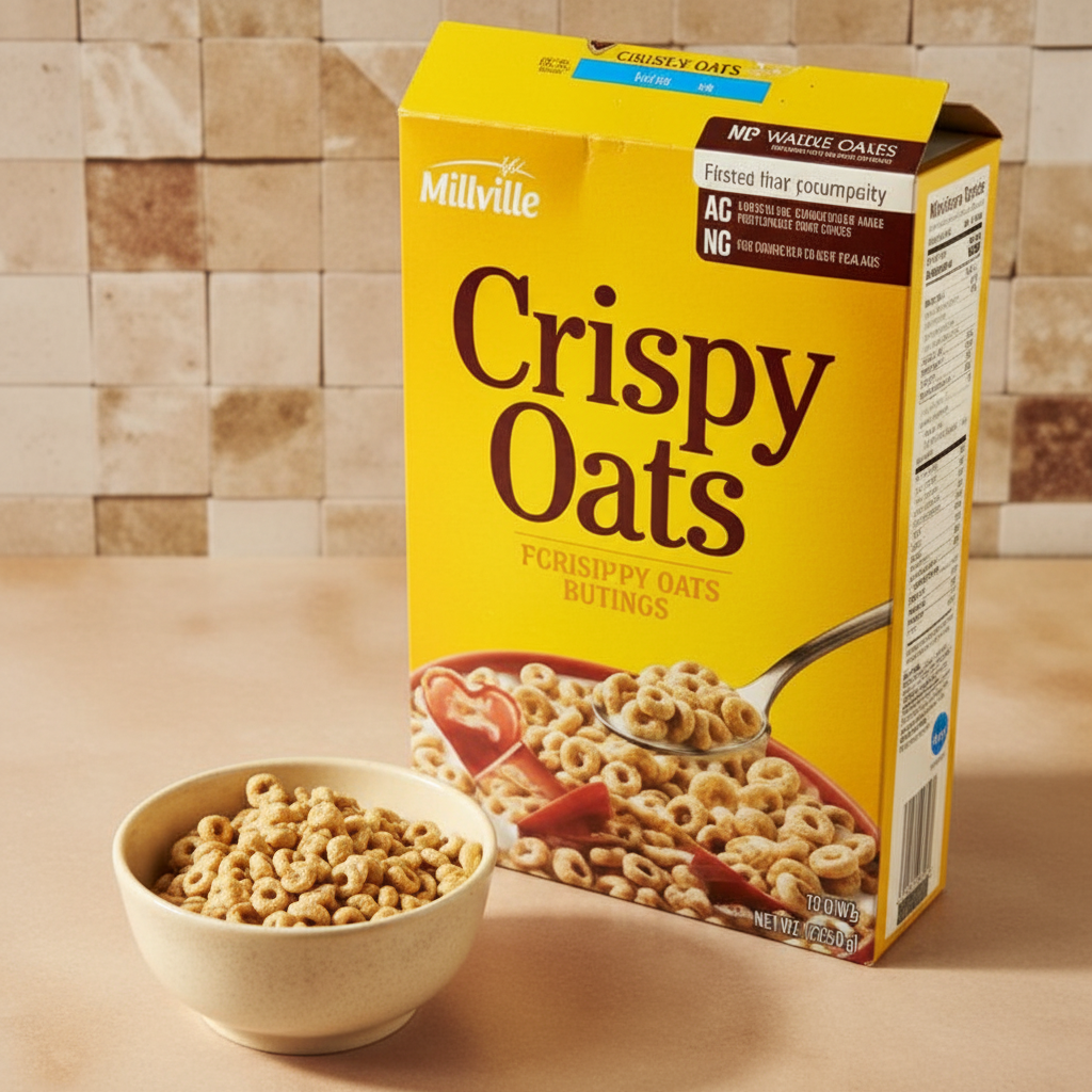 Millville Crispy Oats cereal box with bowl of oats on kitchen counter lifestyle shot