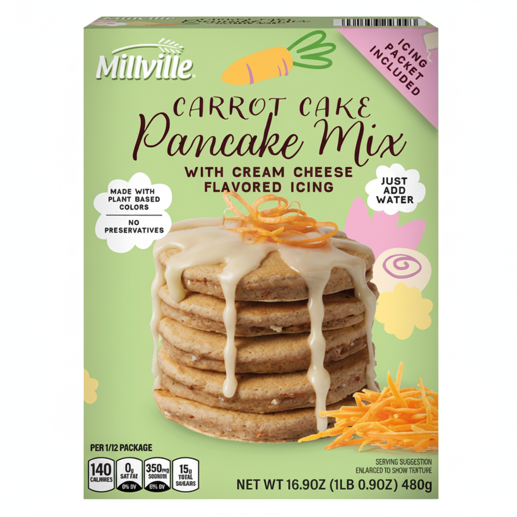 Millville Carrot Cake Pancake Mix with Cream Cheese Flavored Icing 16.9oz green box front with pancake stack and icing drizzle