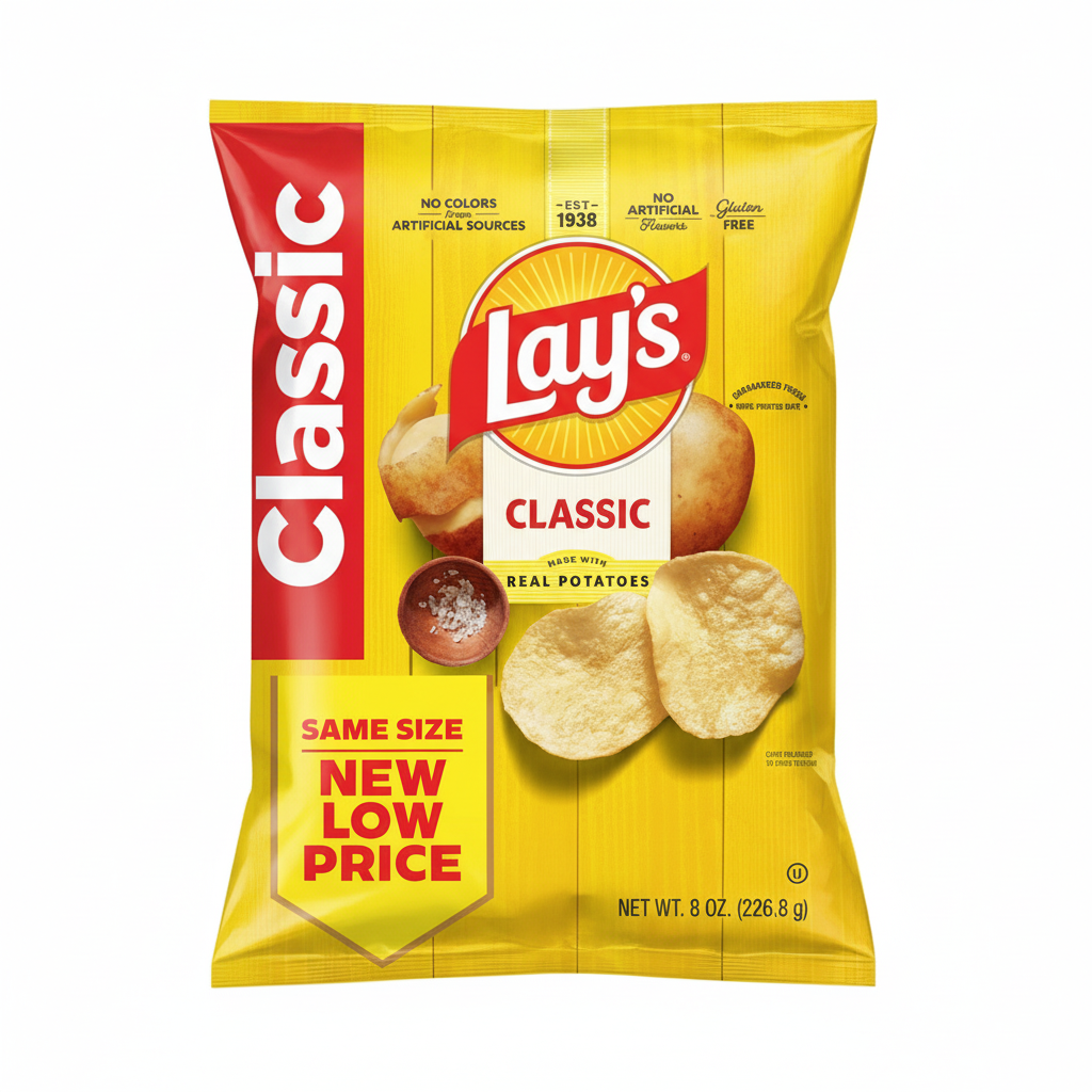 Lay's Classic Potato Chips 8 oz bag front with real potatoes and gluten free badges